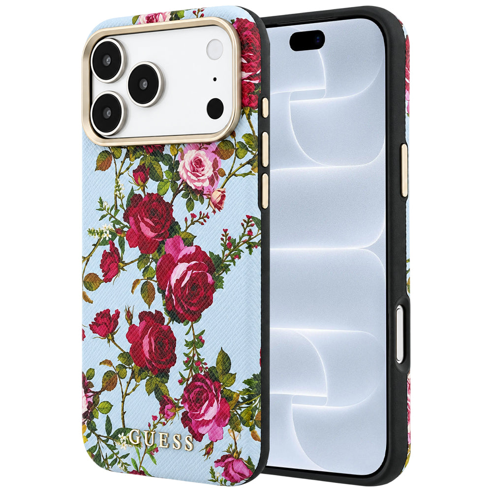 Pouzdro MagSafe pro Apple iPhone 18 Pro / 17 Pro, Guess, Blossom Roses Print, modré