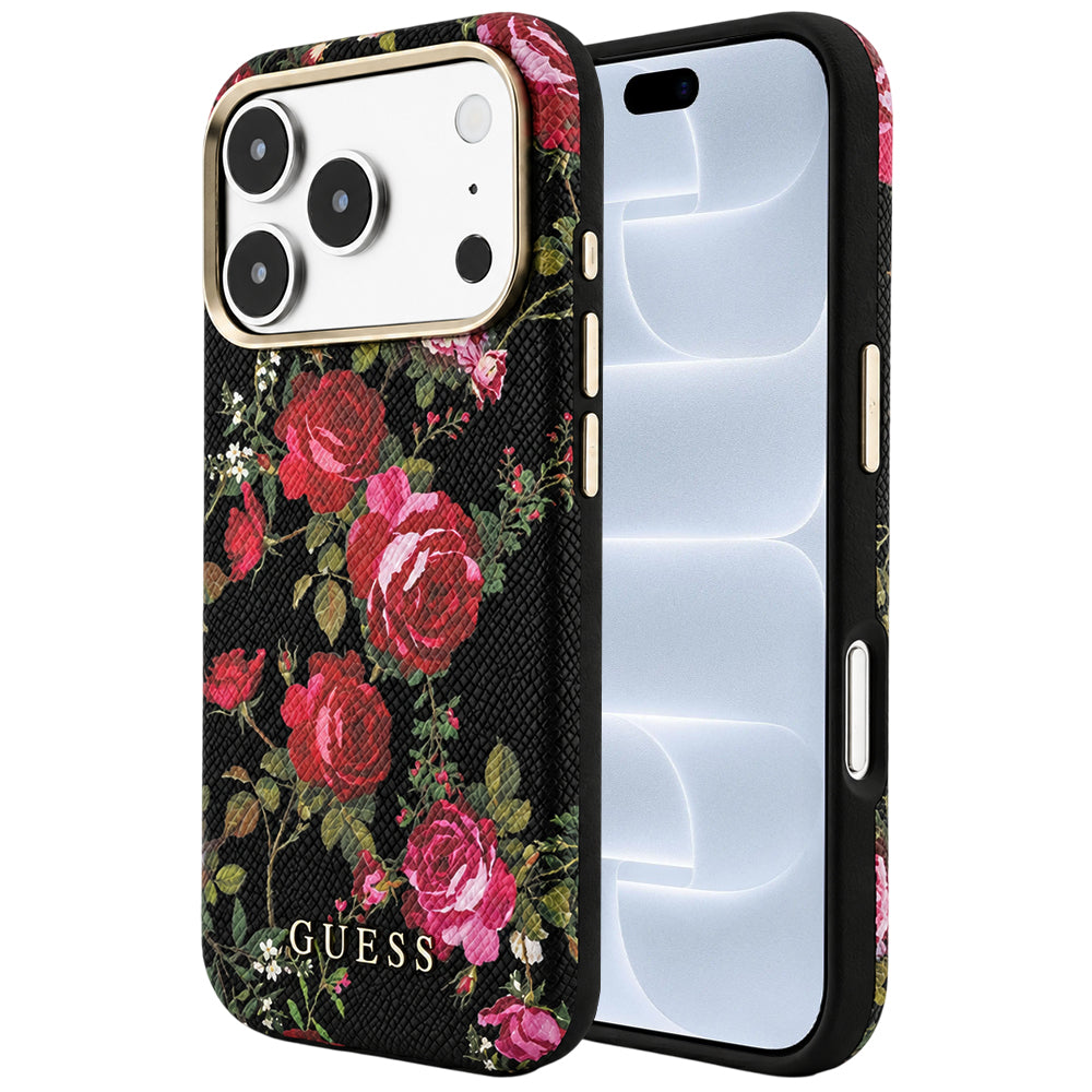 Pouzdro MagSafe pro Apple iPhone 18 Pro / 17 Pro, Guess, Blossom Roses Print, černé