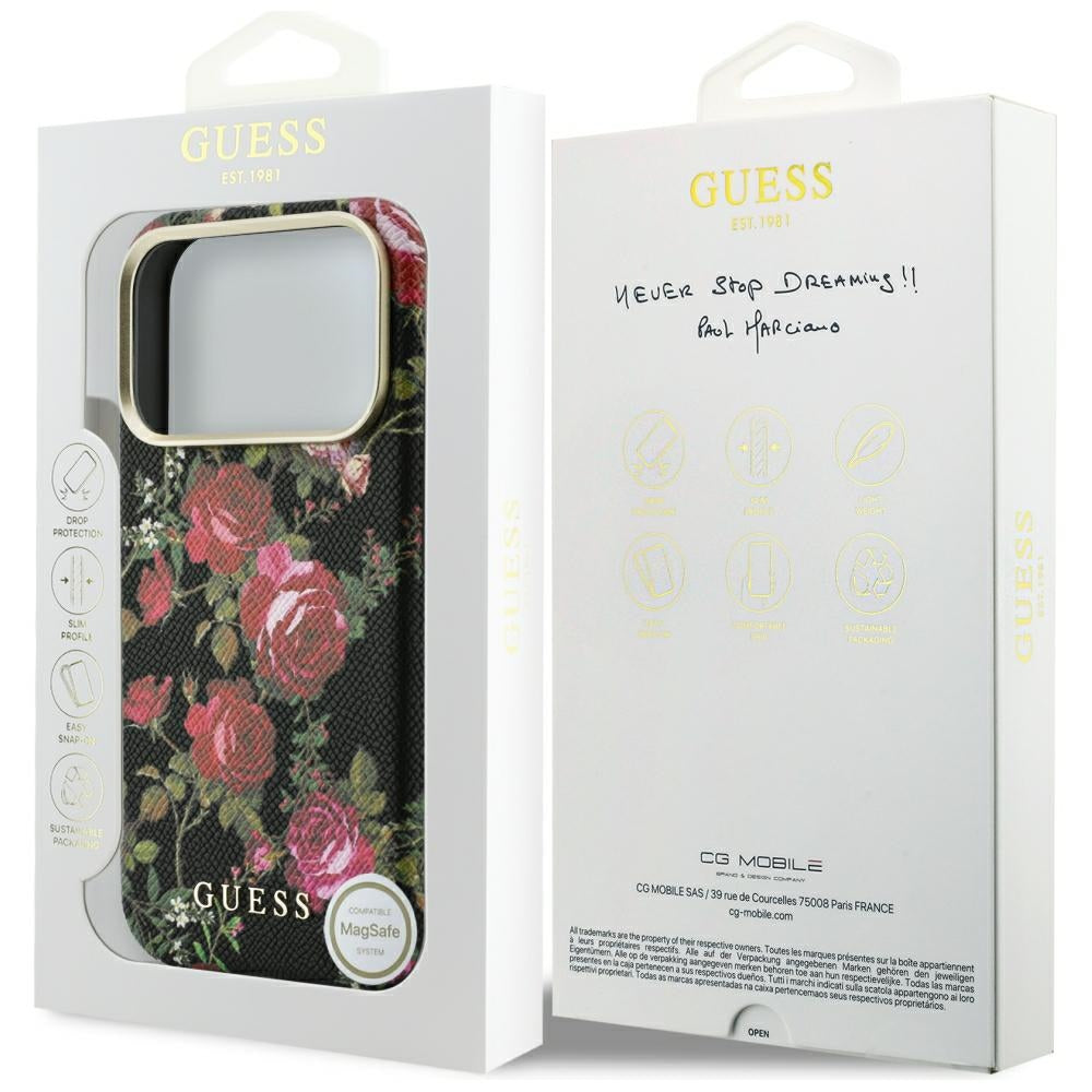Pouzdro MagSafe pro Apple iPhone 18 Pro / 17 Pro, Guess, Blossom Roses Print, černé