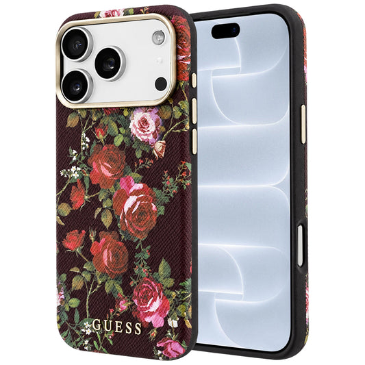 Pouzdro MagSafe pro Apple iPhone 18 Pro / 17 Pro, Guess, Blossom Roses Print, vínové