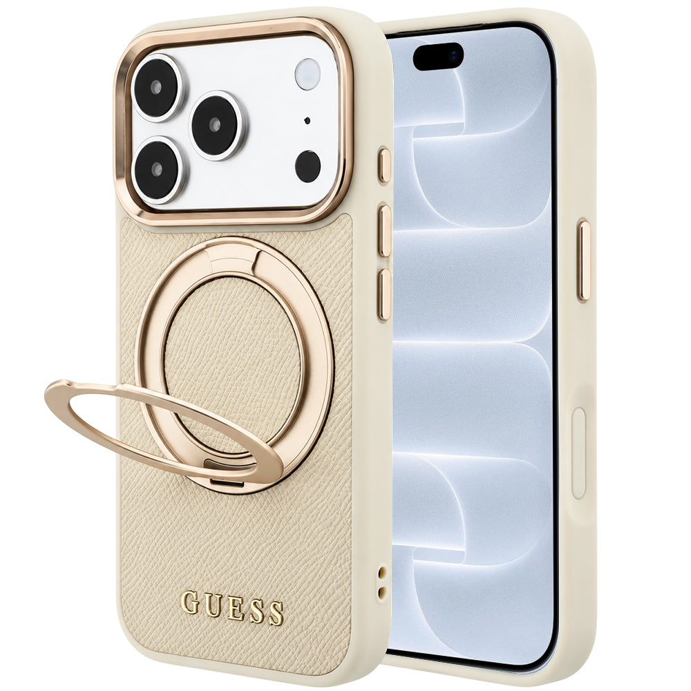 Pouzdro MagSafe pro Apple iPhone 18 Pro / 17 Pro, Guess, Grained Ring Stand 360 Classic, béžové