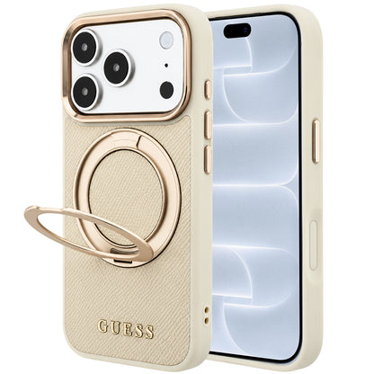Pouzdro MagSafe pro Apple iPhone 18 Pro / 17 Pro, Guess, Grained Ring Stand 360 Classic, béžové