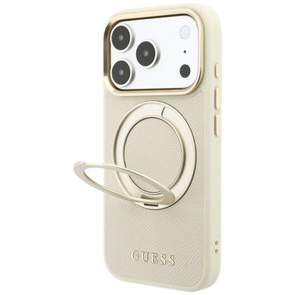 Pouzdro MagSafe pro Apple iPhone 18 Pro / 17 Pro, Guess, Grained Ring Stand 360 Classic, béžové