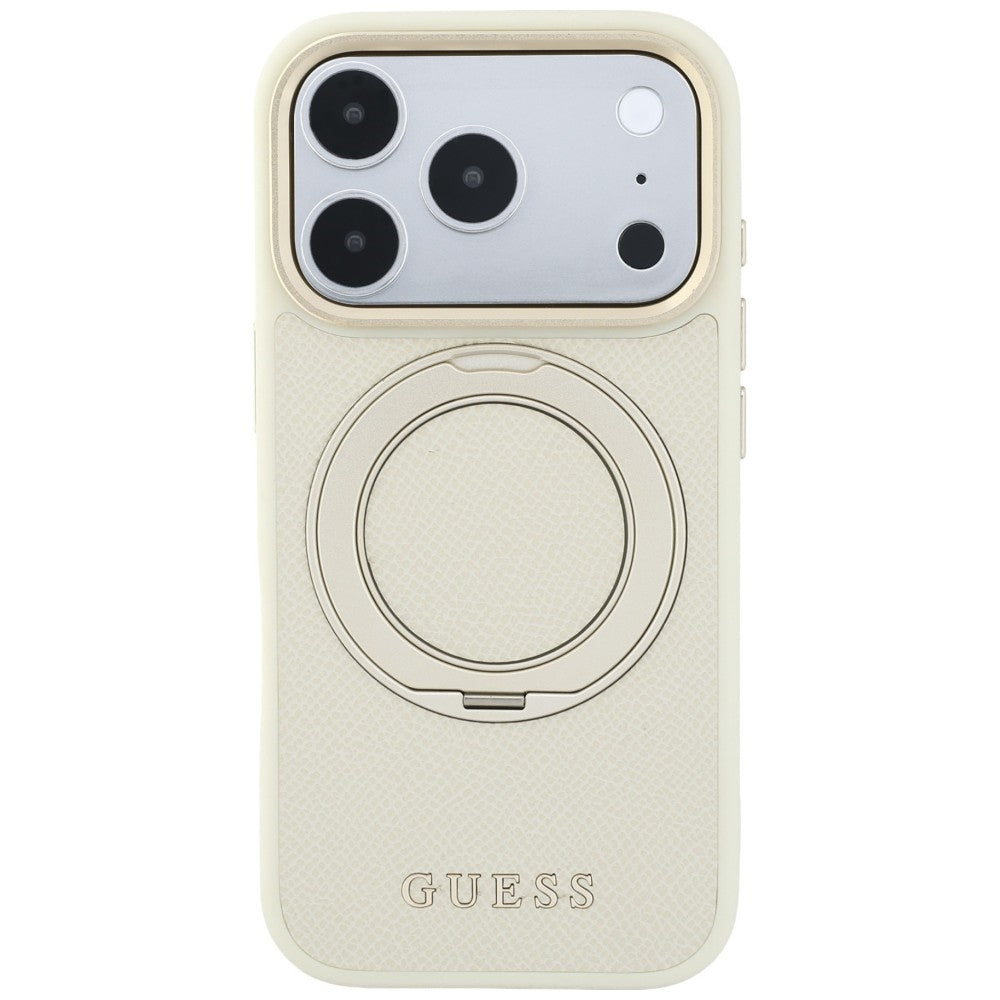 Pouzdro MagSafe pro Apple iPhone 18 Pro / 17 Pro, Guess, Grained Ring Stand 360 Classic, béžové