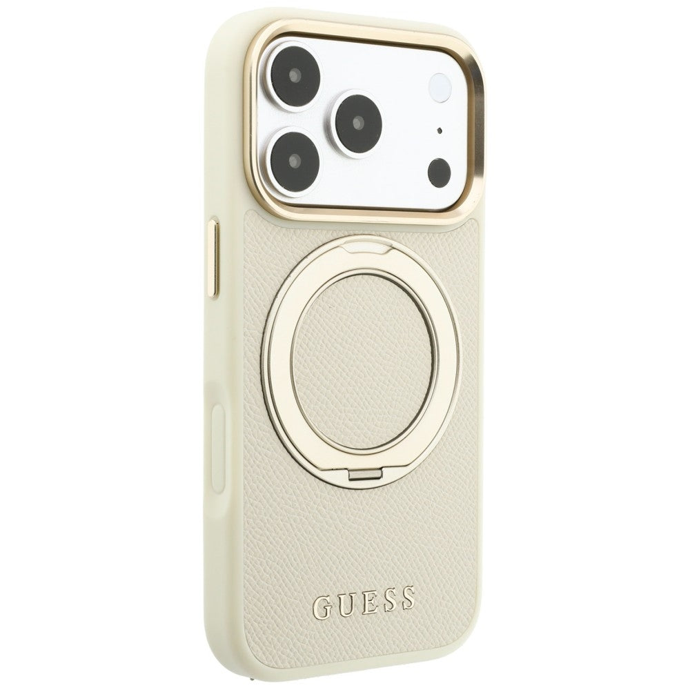 Pouzdro MagSafe pro Apple iPhone 18 Pro / 17 Pro, Guess, Grained Ring Stand 360 Classic, béžové