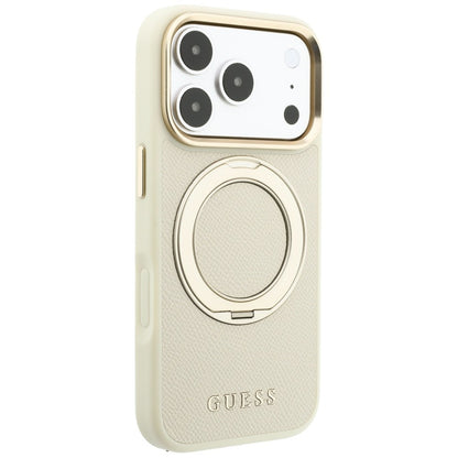 Pouzdro MagSafe pro Apple iPhone 18 Pro / 17 Pro, Guess, Grained Ring Stand 360 Classic, béžové