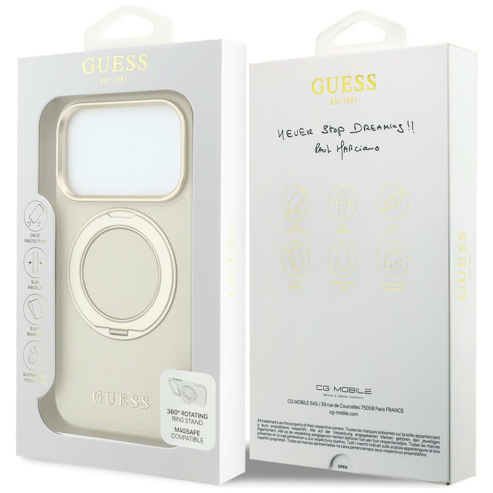 Pouzdro MagSafe pro Apple iPhone 18 Pro / 17 Pro, Guess, Grained Ring Stand 360 Classic, béžové