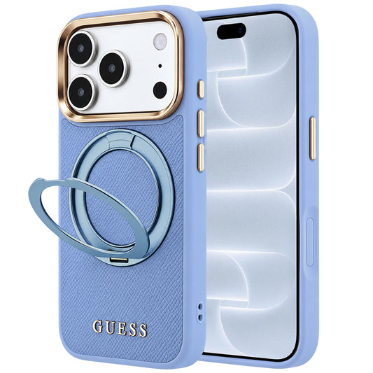 Pouzdro MagSafe pro Apple iPhone 18 Pro / 17 Pro, Guess, Grained Ring Stand 360 Classic, modré