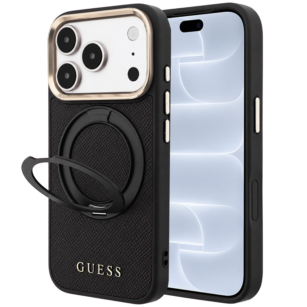 MagSafe Case for Apple iPhone 18 Pro / 17 Pro, Guess, Grained Ring Stand 360 Classic, Black