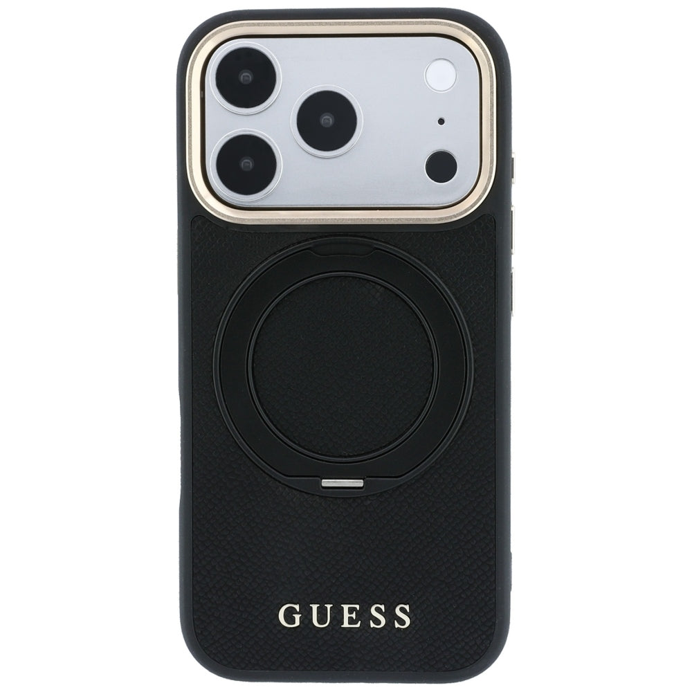 MagSafe Case for Apple iPhone 18 Pro / 17 Pro, Guess, Grained Ring Stand 360 Classic, Black