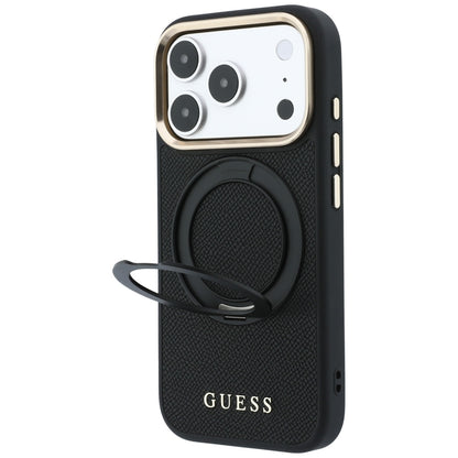 MagSafe Case for Apple iPhone 18 Pro / 17 Pro, Guess, Grained Ring Stand 360 Classic, Black