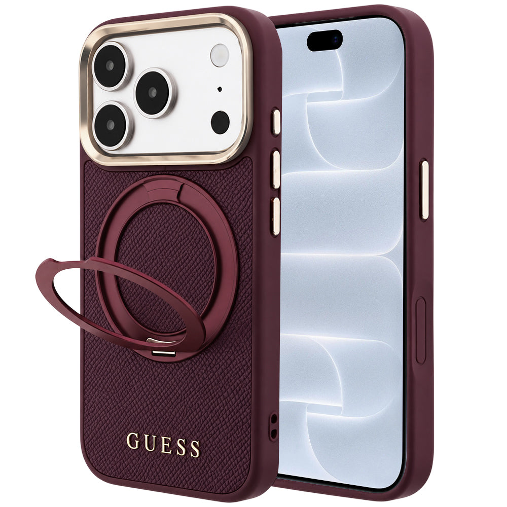 Pouzdro MagSafe pro Apple iPhone 18 Pro / 17 Pro, Guess, Grained Ring Stand 360 Classic, vínové