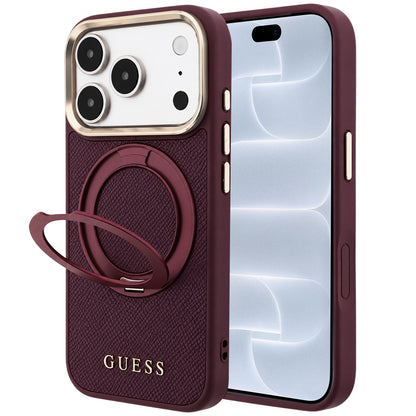 Pouzdro MagSafe pro Apple iPhone 18 Pro / 17 Pro, Guess, Grained Ring Stand 360 Classic, vínové