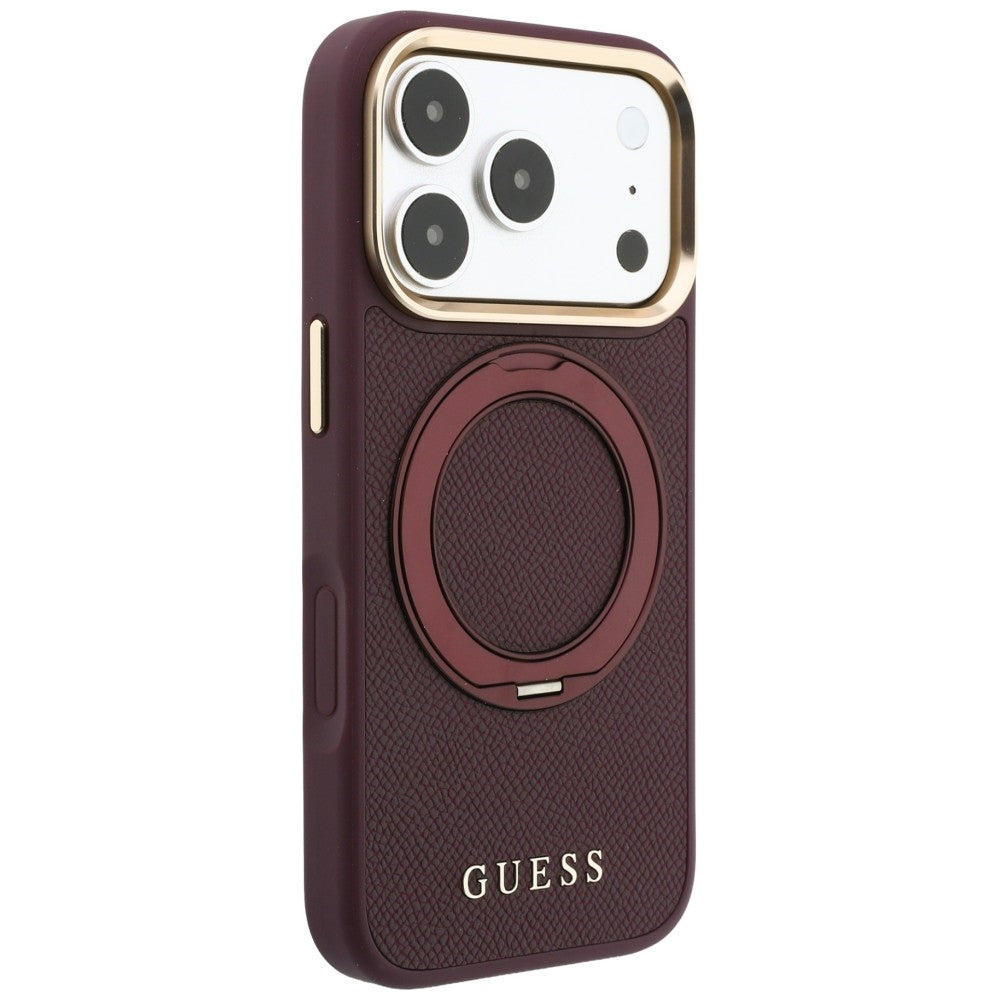 Pouzdro MagSafe pro Apple iPhone 18 Pro / 17 Pro, Guess, Grained Ring Stand 360 Classic, vínové