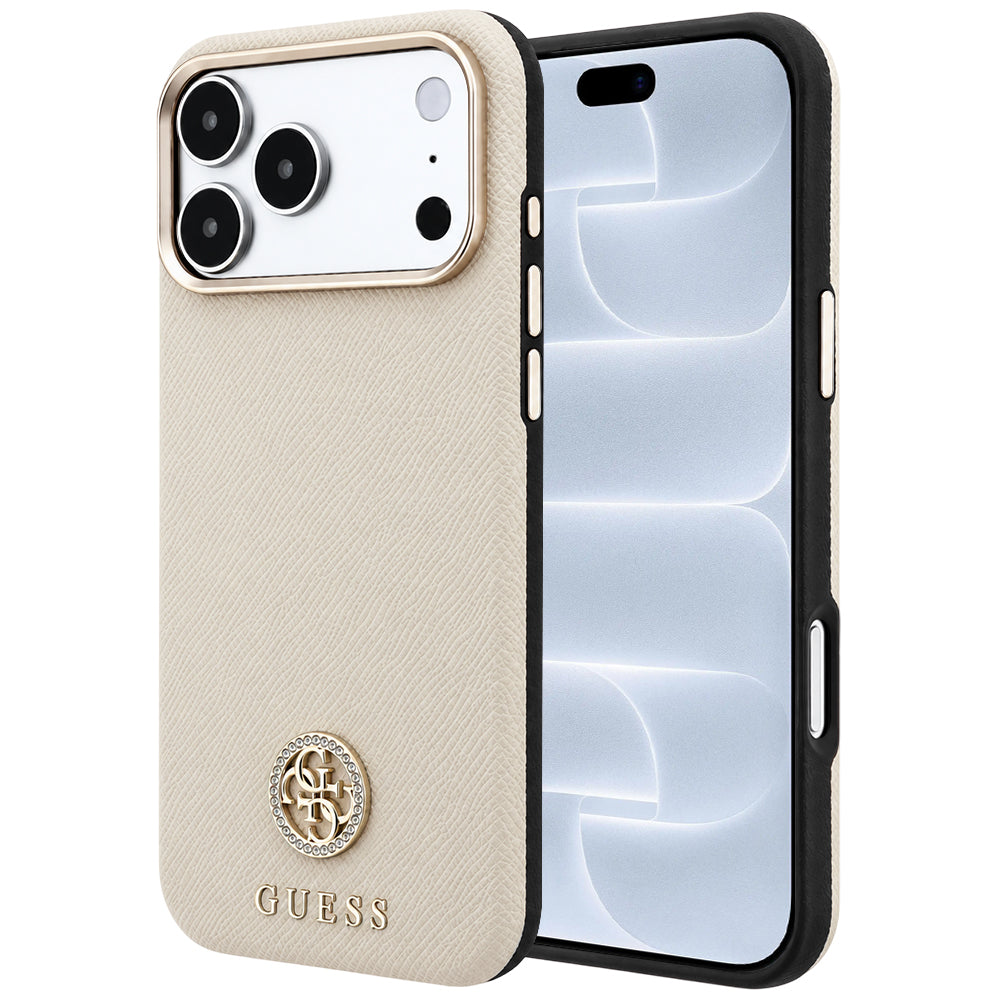 MagSafe pouzdro pro Apple iPhone 18 Pro / 17 Pro, Guess, Zrnité kulaté logo s kamínky, Béžová