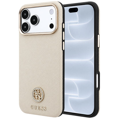 MagSafe pouzdro pro Apple iPhone 18 Pro / 17 Pro, Guess, Zrnité kulaté logo s kamínky, Béžová