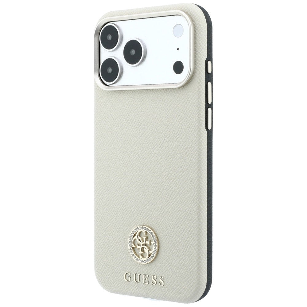 MagSafe pouzdro pro Apple iPhone 18 Pro / 17 Pro, Guess, Zrnité kulaté logo s kamínky, Béžová