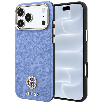MagSafe pouzdro pro Apple iPhone 18 Pro / 17 Pro, Guess, Zrnité kulaté logo s kamínky, modré