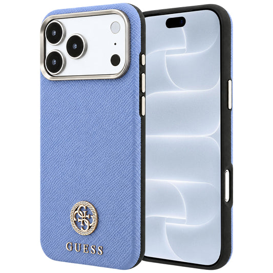 MagSafe pouzdro pro Apple iPhone 18 Pro / 17 Pro, Guess, Zrnité kulaté logo s kamínky, modré