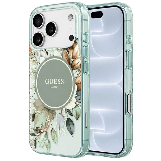 Pouzdro MagSafe pro Apple iPhone 18 Pro / 17 Pro, Guess, IML Flower & Tonal Circle, zelené
