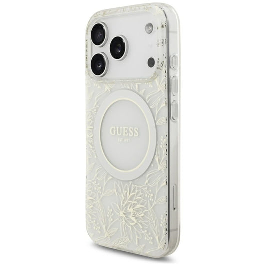 MagSafe pouzdro pro Apple iPhone 18 Pro / 17 Pro, Guess, IML Flowers elektrolytický s perlovým páskem, bílá