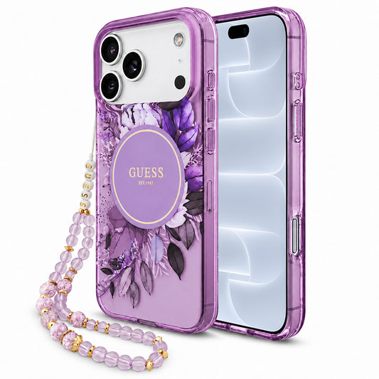 Pouzdro MagSafe pro Apple iPhone 18 Pro / 17 Pro, Guess, IML Flowers with Pearl Strap, fialové