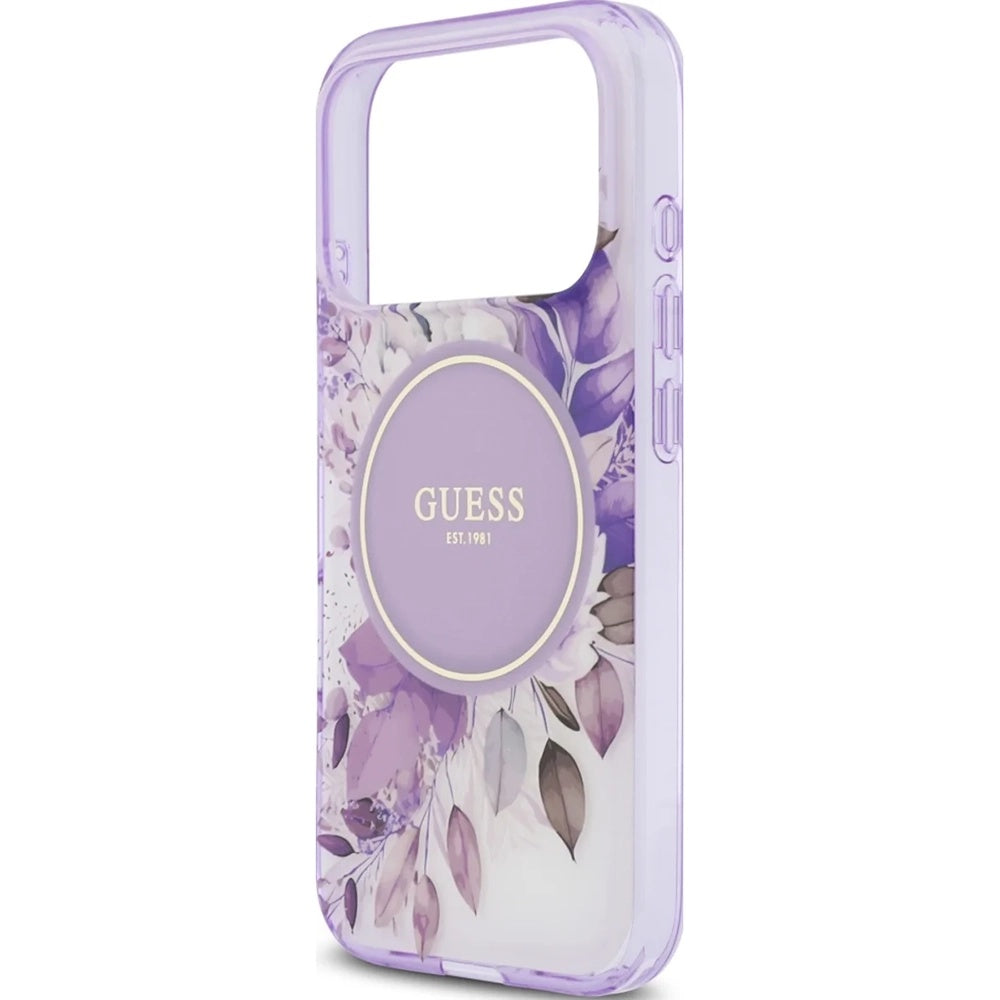 MagSafe Case for Apple iPhone 18 Pro / 17 Pro, Guess, IML Flowers with Pearl Strap, Purple