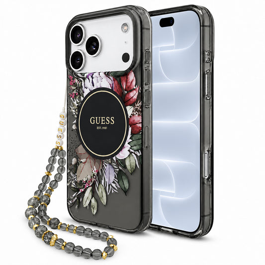 Pouzdro MagSafe pro Apple iPhone 18 Pro / 17 Pro, Guess, IML Flowers with Pearl Strap, černé