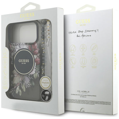 MagSafe Case for Apple iPhone 18 Pro / 17 Pro, Guess, IML Flowers with Pearl Strap, Black
