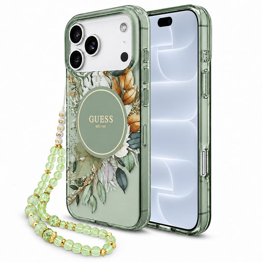 Pouzdro MagSafe pro Apple iPhone 18 Pro / 17 Pro, Guess, IML Flowers with Pearl Strap, zelené