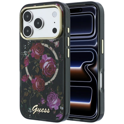 MagSafe pouzdro pro Apple iPhone 18 Pro / 17 Pro, Guess, IML Glitter Blossom Roses, Černé