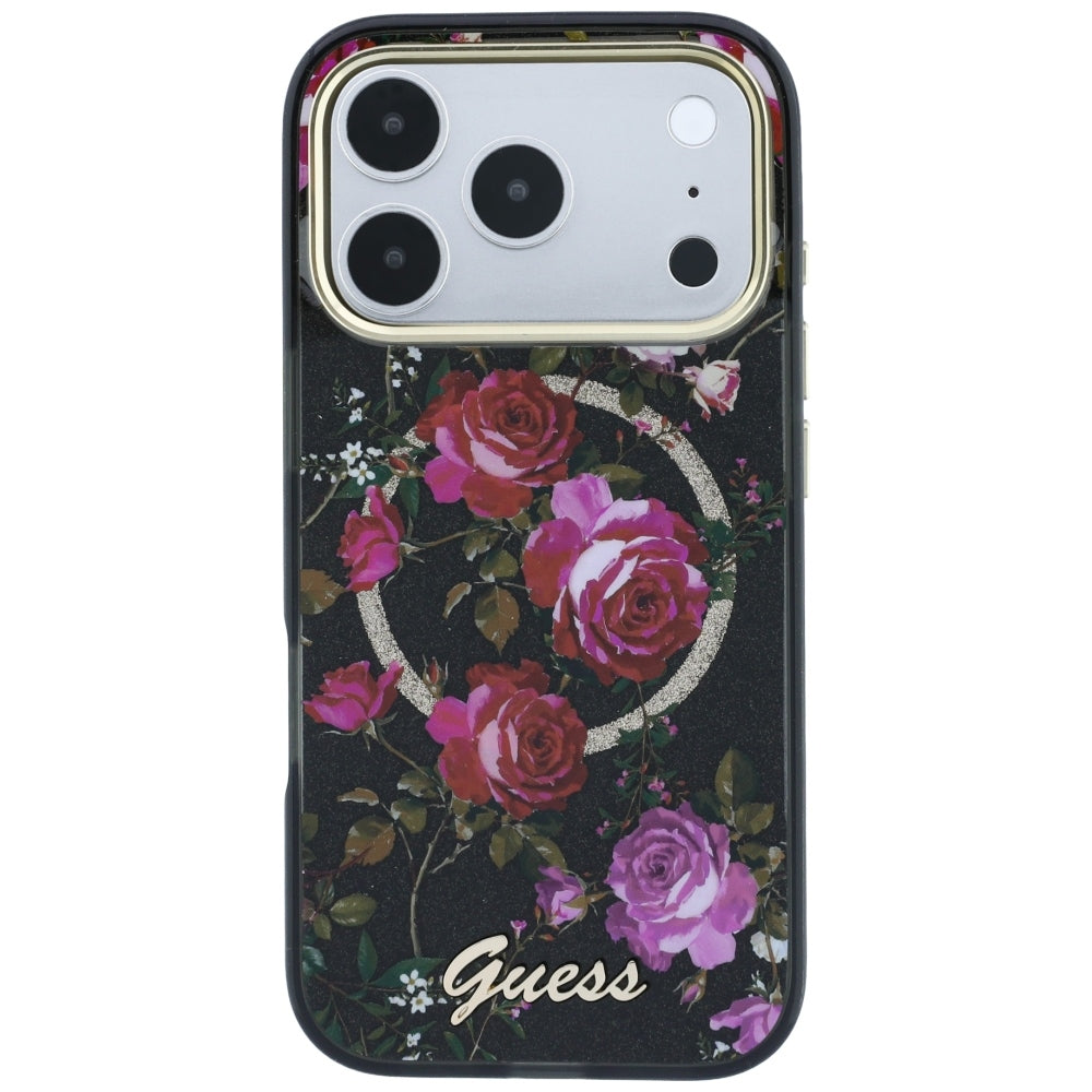 MagSafe pouzdro pro Apple iPhone 18 Pro / 17 Pro, Guess, IML Glitter Blossom Roses, Černé