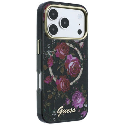 MagSafe pouzdro pro Apple iPhone 18 Pro / 17 Pro, Guess, IML Glitter Blossom Roses, Černé