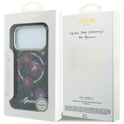 MagSafe pouzdro pro Apple iPhone 18 Pro / 17 Pro, Guess, IML Glitter Blossom Roses, Černé