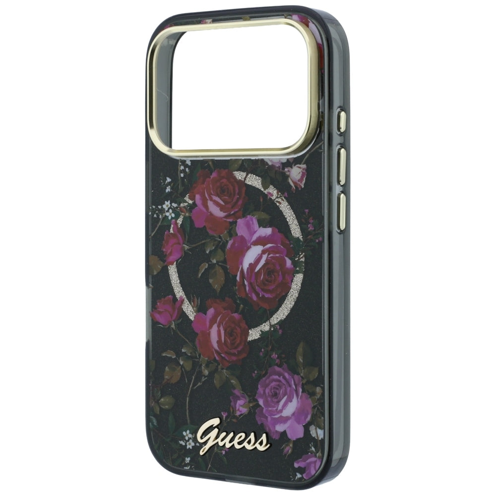 MagSafe pouzdro pro Apple iPhone 18 Pro / 17 Pro, Guess, IML Glitter Blossom Roses, Černé