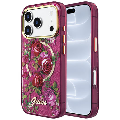 MagSafe pouzdro pro Apple iPhone 18 Pro / 17 Pro, Guess, IML Glitter Blossom Roses, Tmavě červená