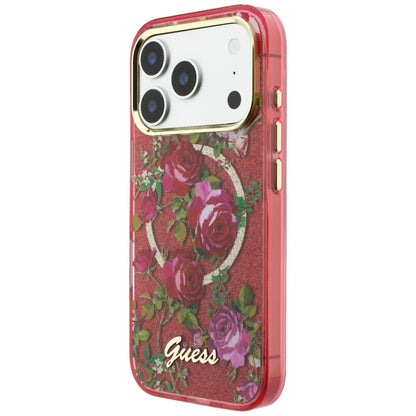 MagSafe pouzdro pro Apple iPhone 18 Pro / 17 Pro, Guess, IML Glitter Blossom Roses, Tmavě červená