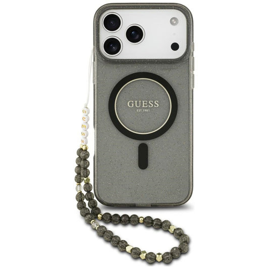 Pouzdro MagSafe pro Apple iPhone 18 Pro / 17 Pro, Guess, IML Glitter with Pearl Strap, černé