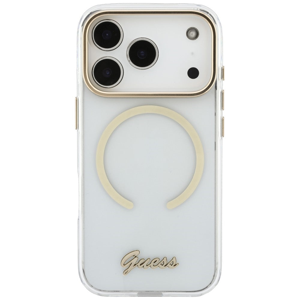 Pouzdro MagSafe pro Apple iPhone 18 Pro / 17 Pro, Guess, IML Script Metal, průhledné