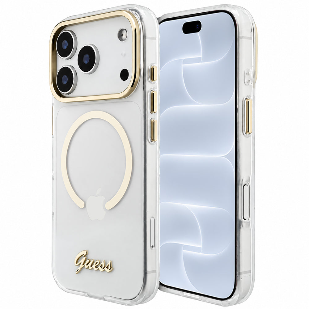 Pouzdro MagSafe pro Apple iPhone 18 Pro / 17 Pro, Guess, IML Script Metal, průhledné