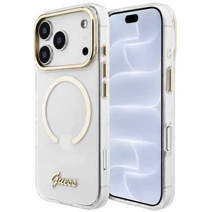 Pouzdro MagSafe pro Apple iPhone 18 Pro / 17 Pro, Guess, IML Script Metal, průhledné