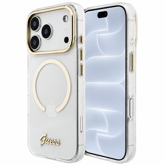 Pouzdro MagSafe pro Apple iPhone 18 Pro / 17 Pro, Guess, IML Script Metal, průhledné