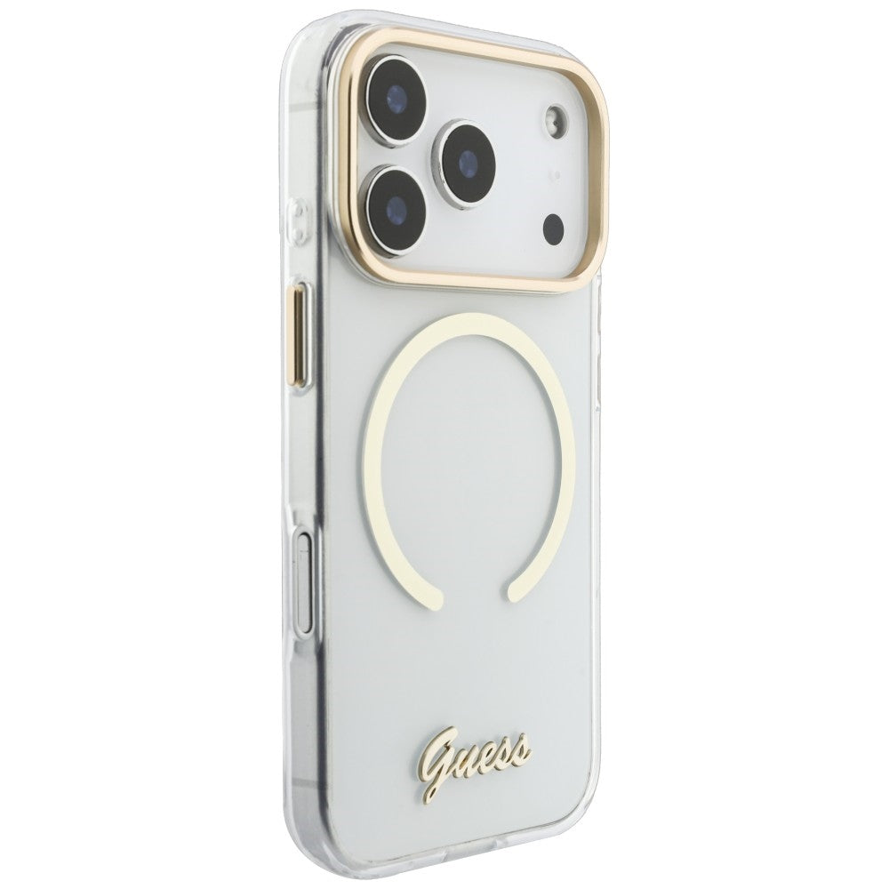 Pouzdro MagSafe pro Apple iPhone 18 Pro / 17 Pro, Guess, IML Script Metal, průhledné