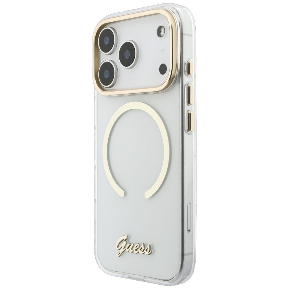 Pouzdro MagSafe pro Apple iPhone 18 Pro / 17 Pro, Guess, IML Script Metal, průhledné