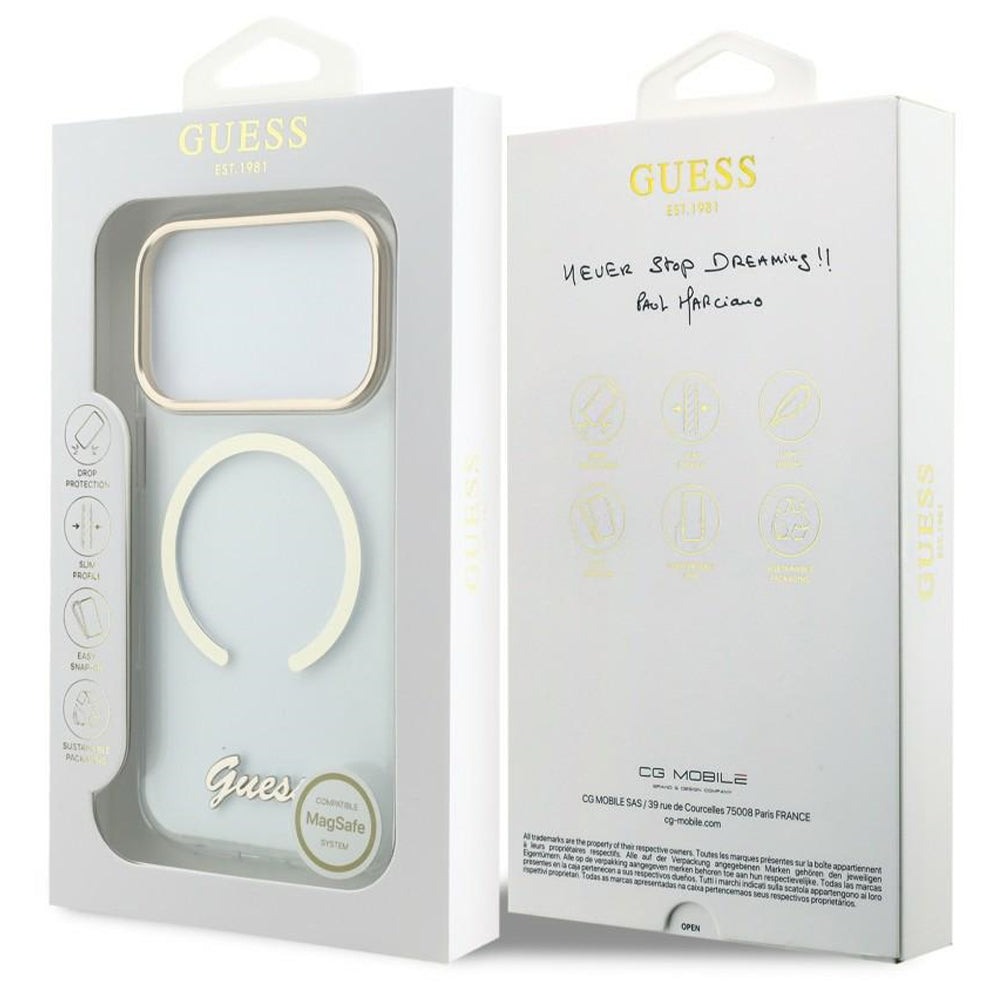Pouzdro MagSafe pro Apple iPhone 18 Pro / 17 Pro, Guess, IML Script Metal, průhledné