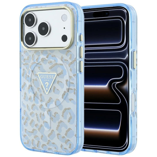 MagSafe pouzdro pro Apple iPhone 18 Pro / 17 Pro, Guess, Leopard Glitter Triangle Logo, Bleu