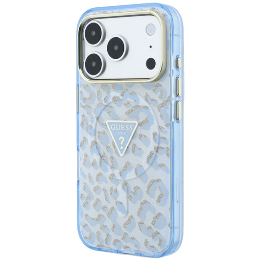 MagSafe pouzdro pro Apple iPhone 18 Pro / 17 Pro, Guess, Leopard Glitter Triangle Logo, Bleu