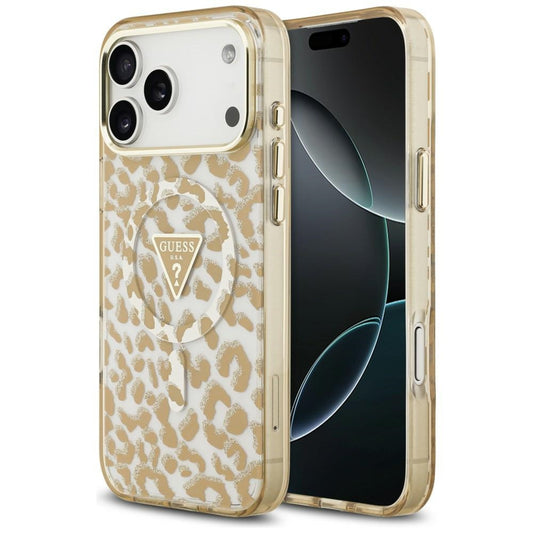 MagSafe pouzdro pro Apple iPhone 18 Pro / 17 Pro, Guess, Leopard Glitter Triangle Logo, Hnědá