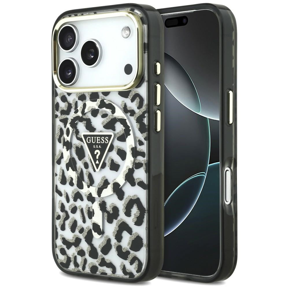 MagSafe pouzdro pro Apple iPhone 18 Pro / 17 Pro, Guess, Leopard Glitter Triangle Logo, černé