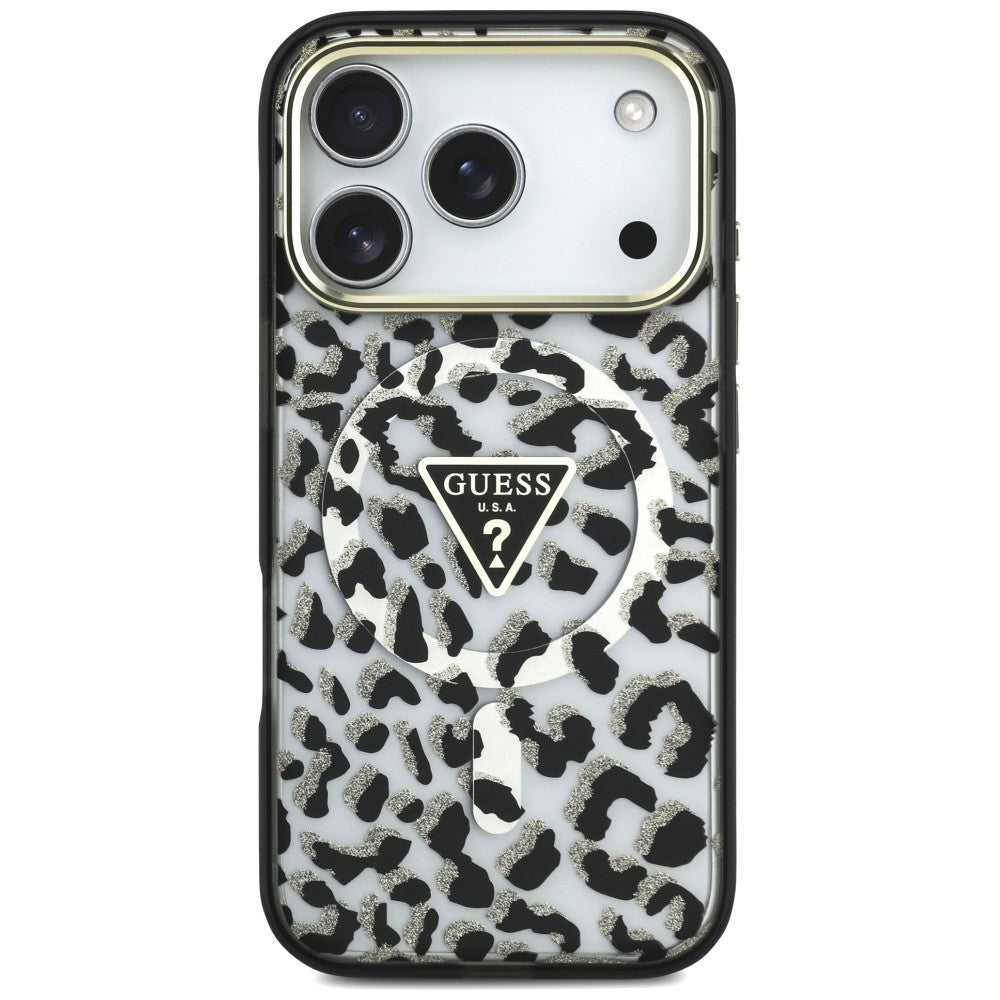 MagSafe pouzdro pro Apple iPhone 18 Pro / 17 Pro, Guess, Leopard Glitter Triangle Logo, černé